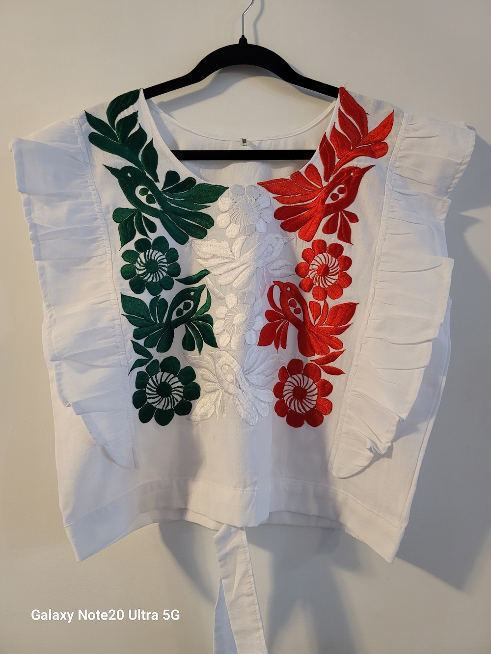 White Embroidered Floral Ruffle Top with Green & Red Accents